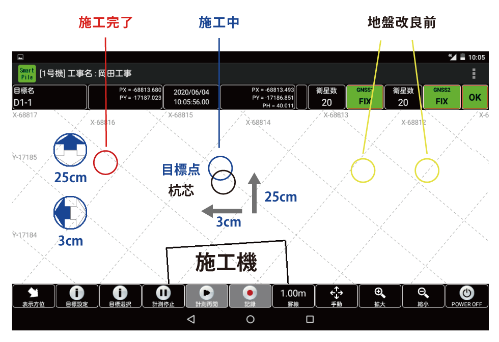 施工状況を色分け　SmartPile画面表示